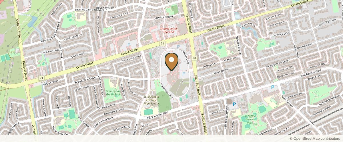 Map showing the exact location of Clara Med Spa at Unit 216A, Promenade Shopping Centre, 1 Promenade Cir Entrance 1, Thornhill, ON L4J 4P8, Canada