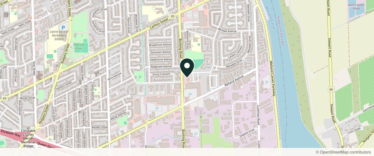 Map showing the exact location of ClaraDerma+ at 300 Bunting Rd Unit 12, St. Catharines, ON L2M 7X3, Canada