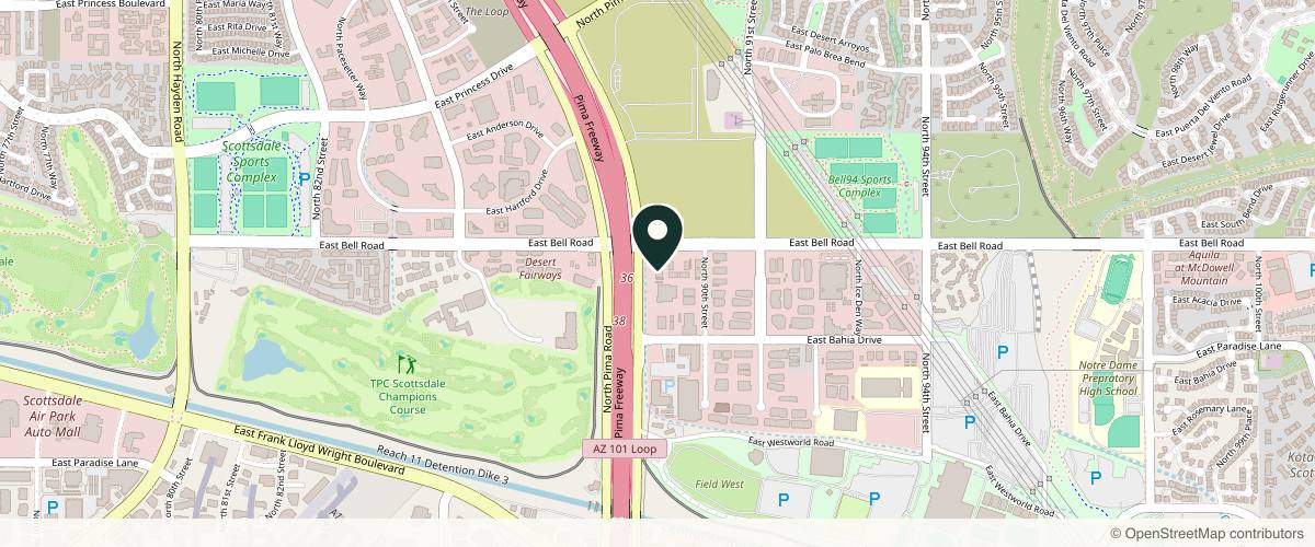 Map showing the exact location of Clear Dermatology & Aesthetics Center at 8841 E Bell Rd, Scottsdale, AZ 85260