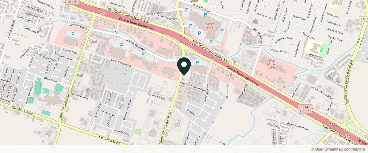 Map showing the exact location of Clinica Hispana Killeen at 2804 S W S Young Dr, Killeen, TX 76542, USA