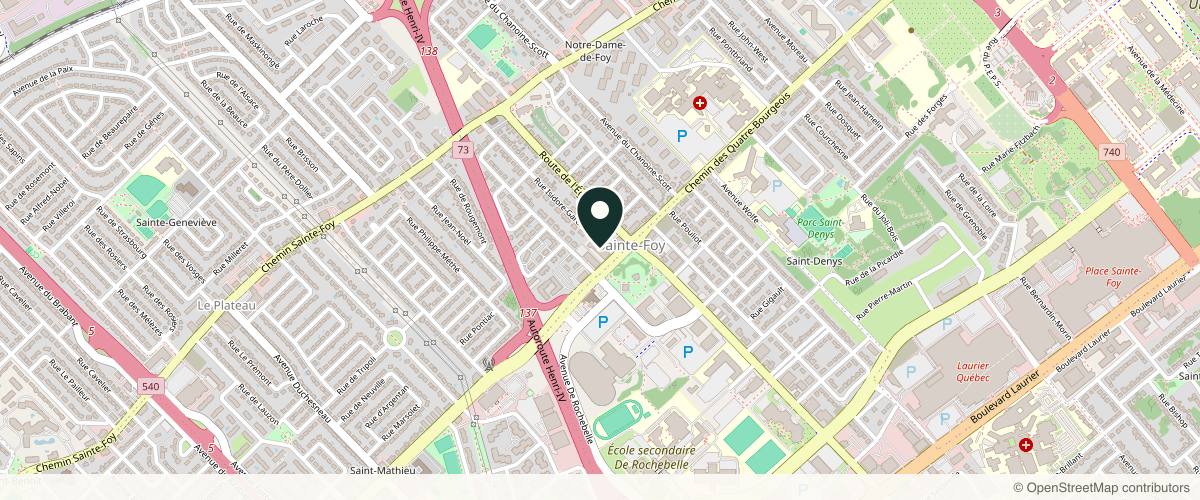 Map showing the exact location of Clinique Cinq Sens | Clinique médico-esthétique à Québec at 2880 Chem. des Quatre-Bourgeois, Québec, QC G1V 3T6, Canada
