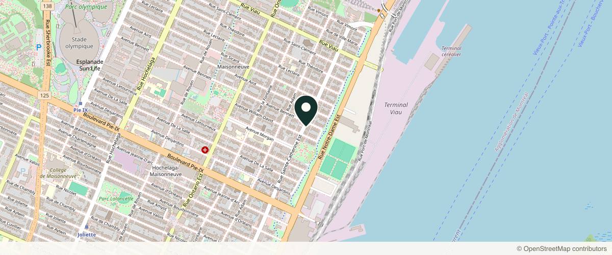Map showing the exact location of Clinique Esthétique HoMa par Dre. Golbarg Mansour at 4504 Rue Sainte-Catherine E Unit 2, Mercier-Hochelaga-Maisonneuve, QC H1V 1Y5, Canada