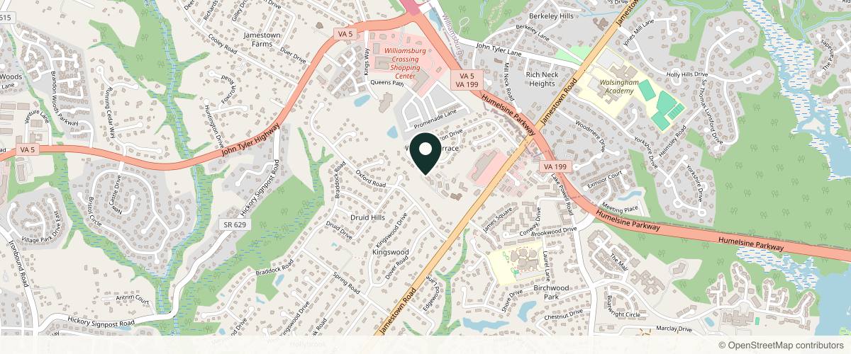 Map showing the exact location of Colonial Aesthetics & Wellness at 1309 Jamestown Rd Ste 204, Williamsburg, VA 23185, USA