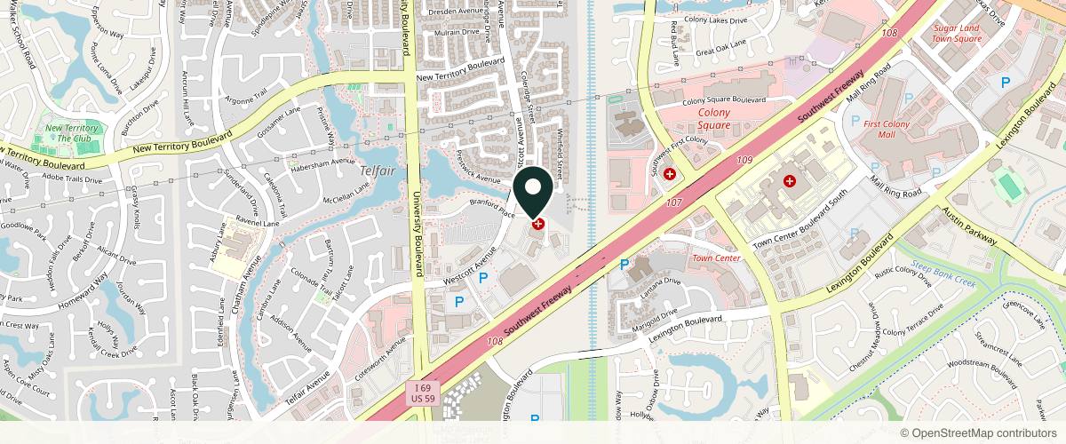 Map showing the exact location of Complete Dermatology in Sugar Land at 7616 Branford Pl Ste. #240, Sugar Land, TX 77479