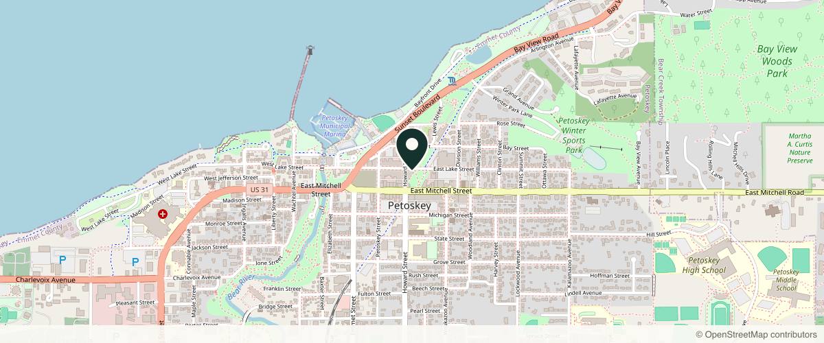 Map showing the exact location of Copper Aesthetics at 410 E Lake St, Petoskey, MI 49770, USA