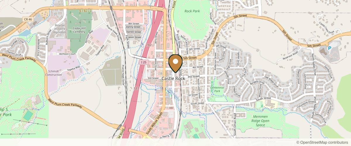 Map showing the exact location of Copperfalls Aveda Spa and Salon at 340 Perry St #220, Castle Rock, CO 80104, USA
