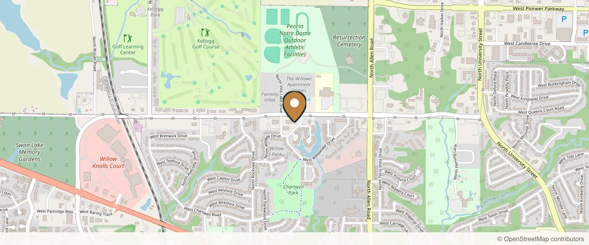 Map showing the exact location of Corpo Bello Salon Day Spa & Boutique - Peoria, IL at 2900 W Willow Knolls Dr, Peoria, IL 61614, USA