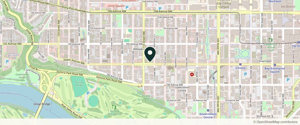 Map showing the exact location of CosMedics at 11526 Jasper Ave, Edmonton, AB T5K 0M8, Canada