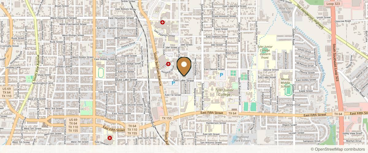 Map showing the exact location of Cosmetic & Plastic Surgery Center - Tyler at 1100 E Lake St #200, Tyler, TX 75701, USA