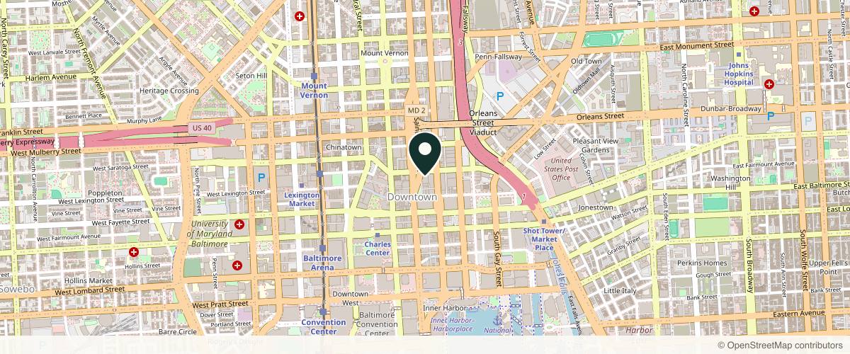 Map showing the exact location of Cosmetic Medicine and Surgery at Mercy at 227 St Paul Pl, Baltimore, MD 21202, USA