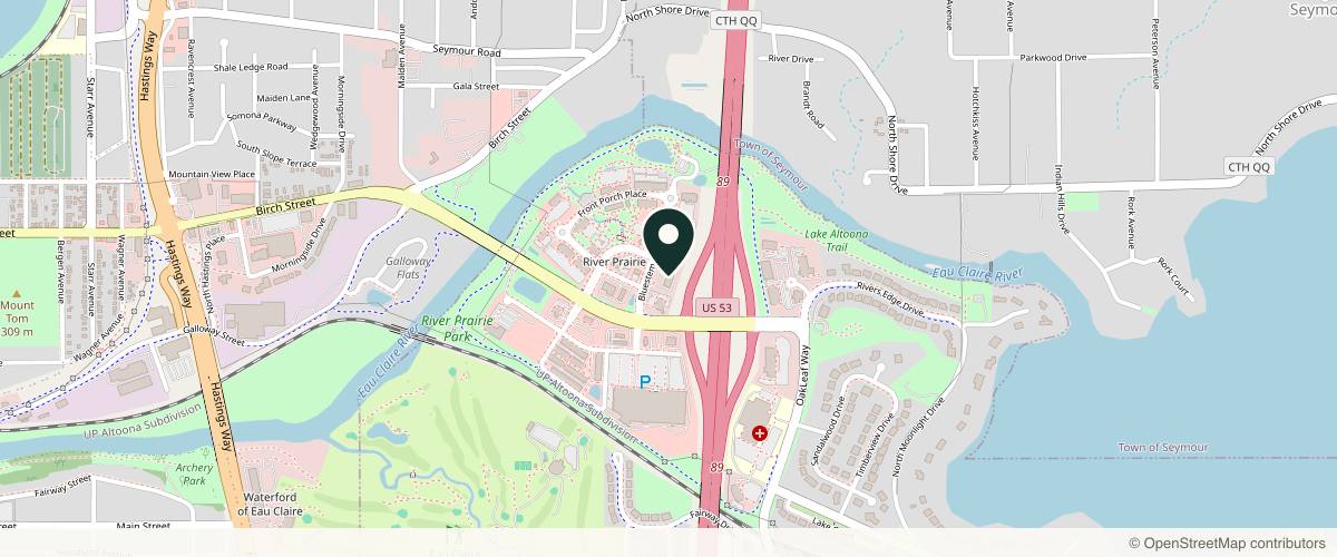 Map showing the exact location of Cosmetic Surgery Eau Claire: Dr. Dax Demaree at 1451 Bluestem Blvd Ste f, Altoona, WI 54720, USA