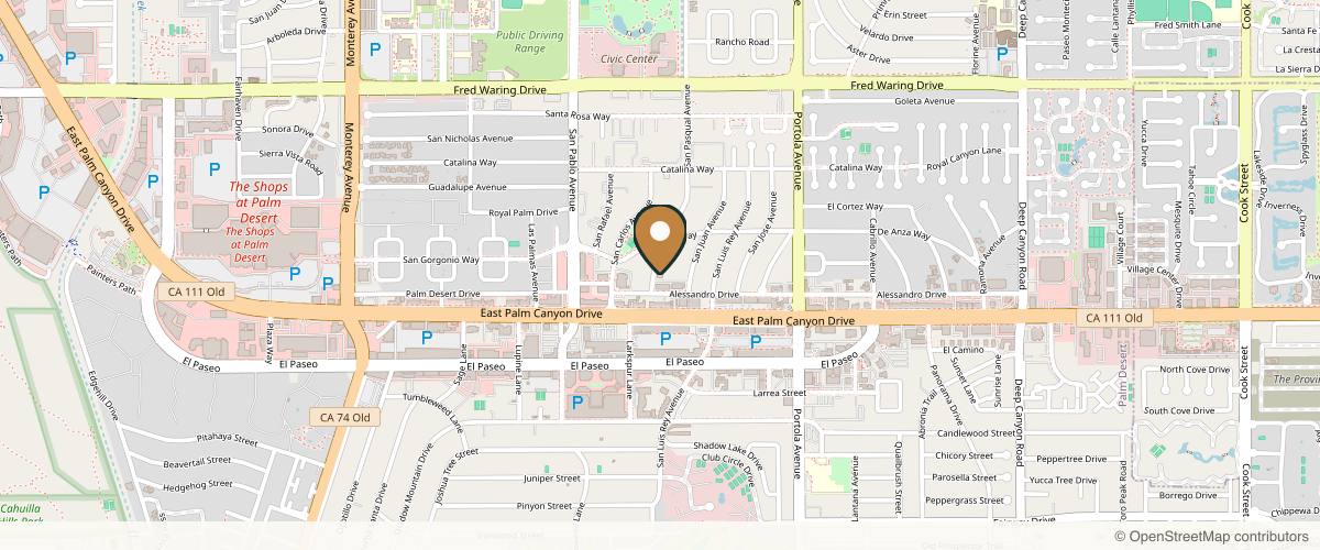 Map showing the exact location of Cosmetic Surgery Institute of Palm Desert at 73-710 Alessandro Dr A1, Palm Desert, CA 92260, USA