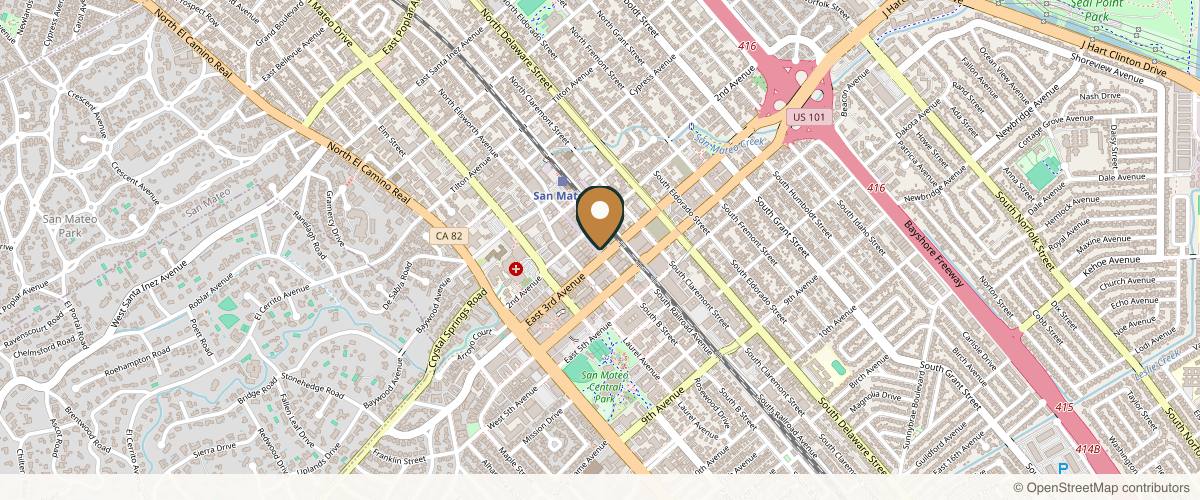 Map showing the exact location of Cosmetica Anti-Aging, Aesthetic Lasers & Medical Weight Loss Clinic at 255 S B St, San Mateo, CA 94401, USA