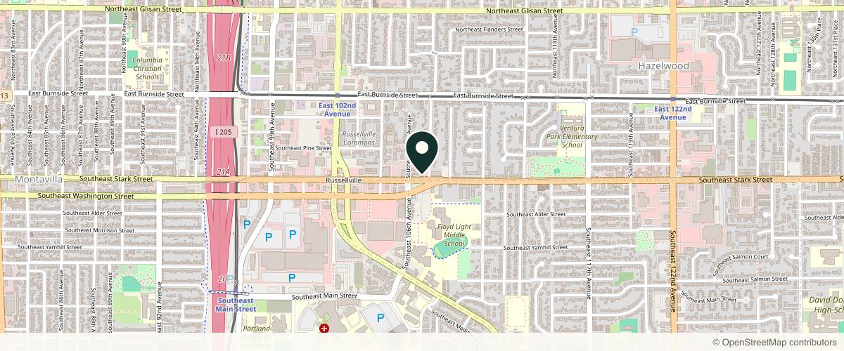 Map showing the exact location of Cosmetiq Med Spa - Portland Botox, Filler & Laser at 10735 SE Stark St Ste 206, Portland, OR 97216, USA