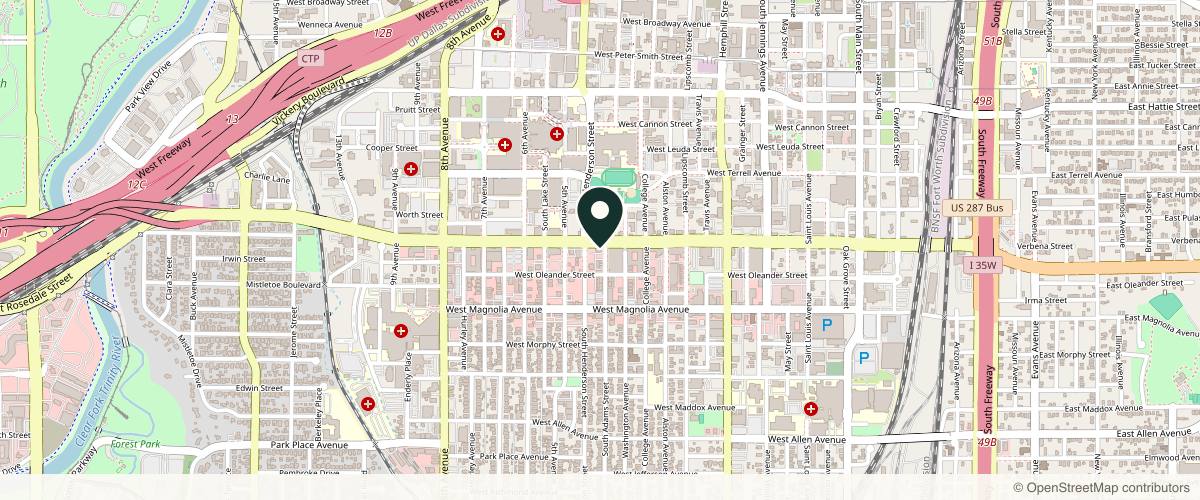 Map showing the exact location of CRUE Aesthetics & Wellness at 1101 W Rosedale St Ste 2, Fort Worth, TX 76104, USA