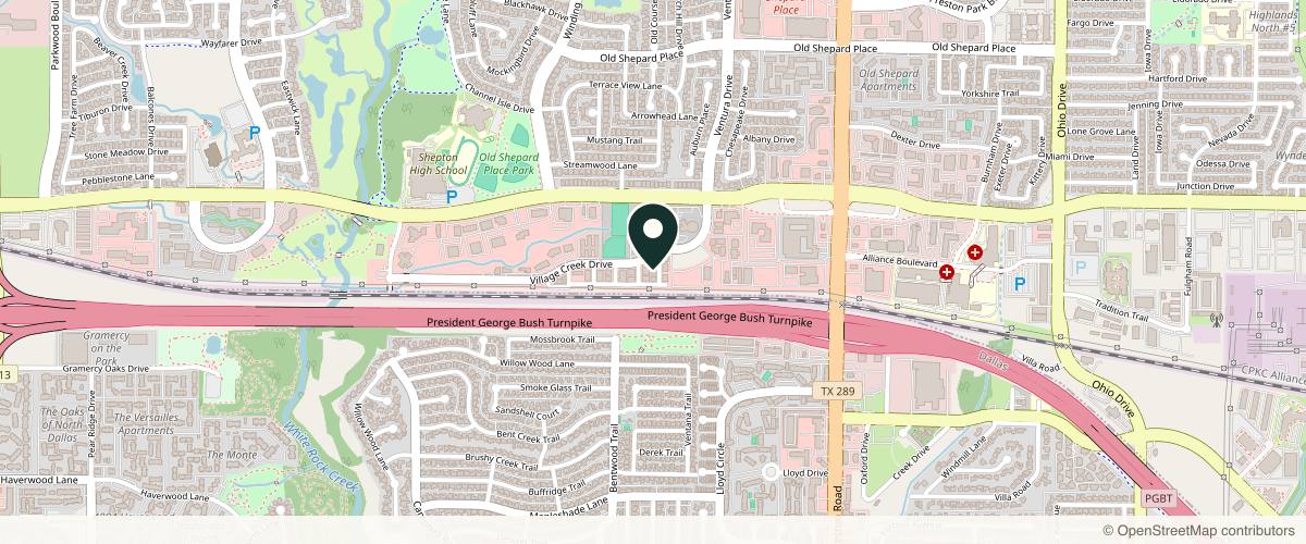 Map showing the exact location of Dallas Dermatology and Aesthetics at 5152 Village Creek Dr, Plano, TX 75093