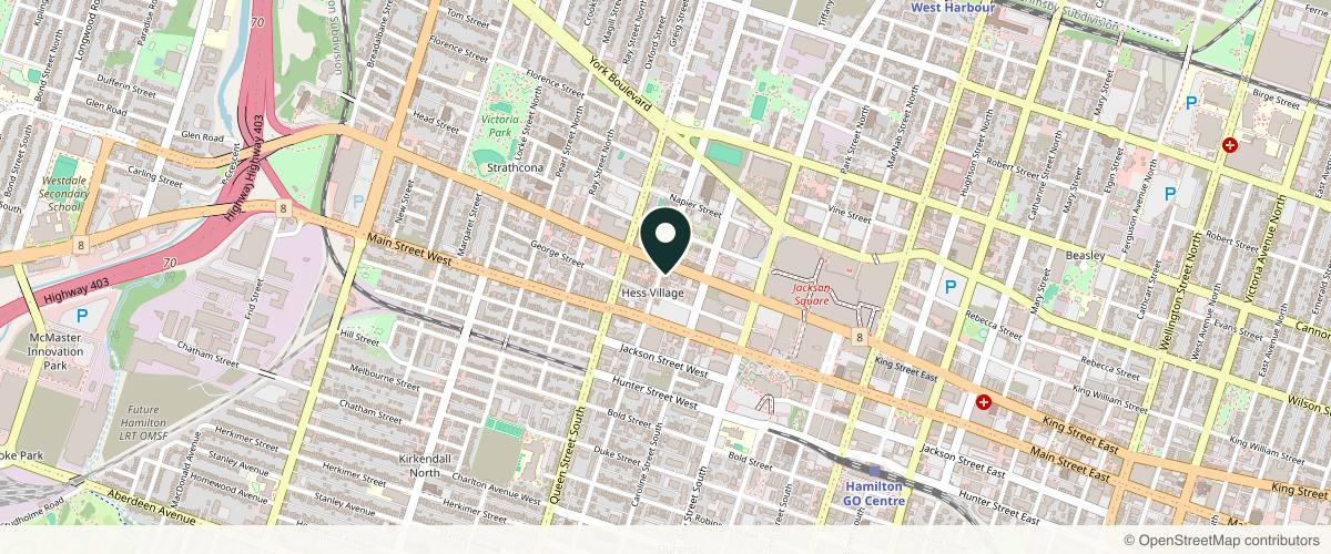 Map showing the exact location of DDG Med Spa (Drop Dead Gorgeous) at 11 Hess St S, Hamilton, ON L8P 3M7, Canada