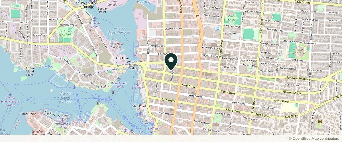 Map showing the exact location of Decodemode Medi Spa and Nail Salon at 1410 Broad St, Victoria, BC V8W 2B1, Canada