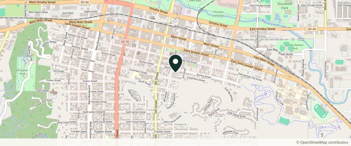 Map showing the exact location of Deep Wellness Center - Sensory Deprivation - Sauna/Cold Plunge - Massage - VibroAcoustic - PEMF - Red Light Therapies at 343 Quincy St Unit 103, Rapid City, SD 57701, USA