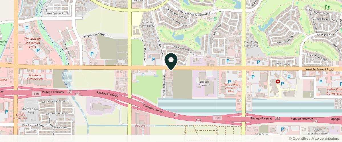 Map showing the exact location of Deja Vu Med Spa at 14411 W McDowell Rd Ste C102, Goodyear, AZ 85395, USA