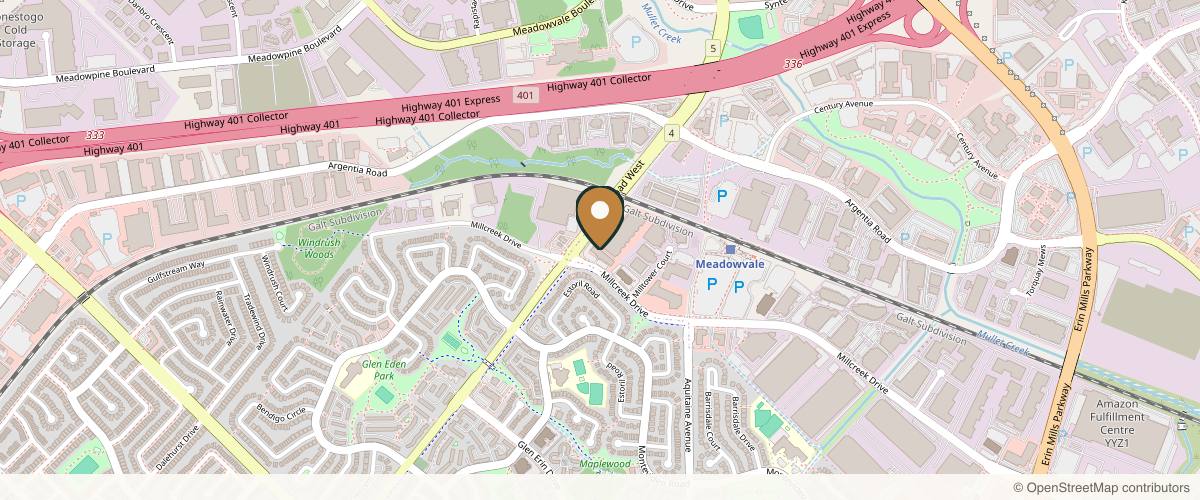 Map showing the exact location of Derma Secret Mississauga at 6981 Millcreek Dr Fl 2, Unit #20, Mississauga, ON L5N 6B8, Canada