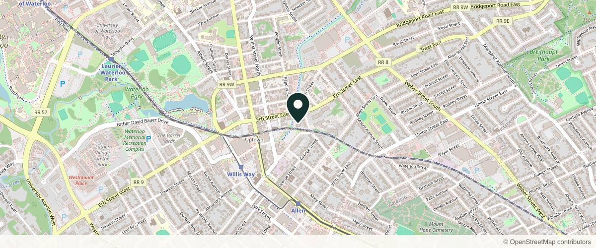 Map showing the exact location of Derma Secret Waterloo at 55 Erb St E Fl 1, Unit 113, Waterloo, ON N2J 1L7, Canada