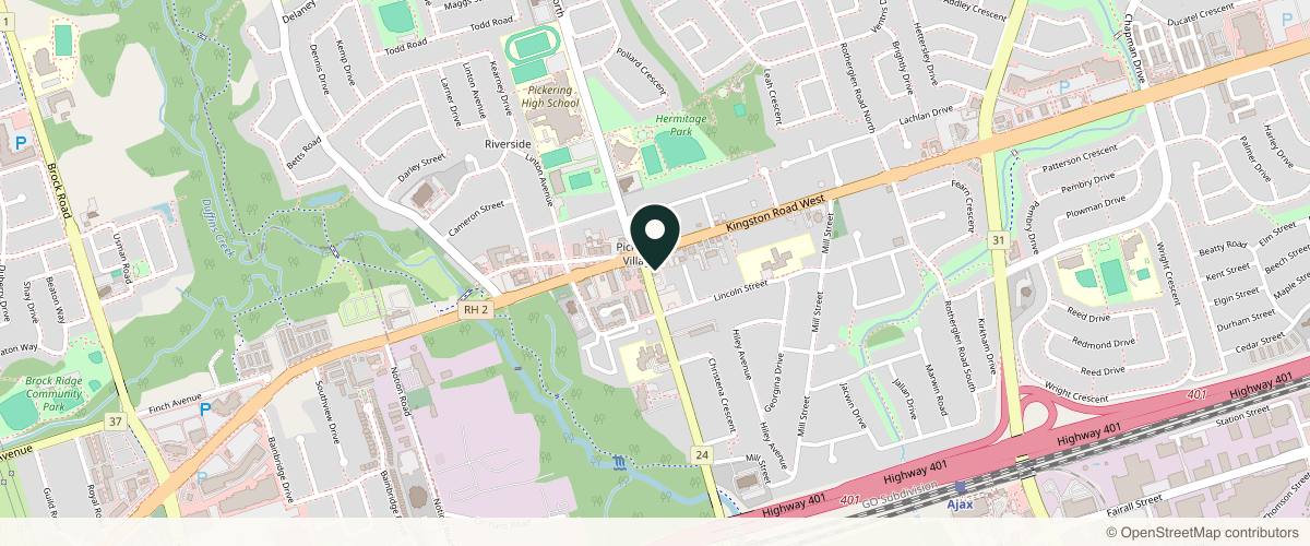 Map showing the exact location of DermAesthetica Cosmetic Clinic at 13 Church St S, Ajax, ON L1S 6A6, Canada