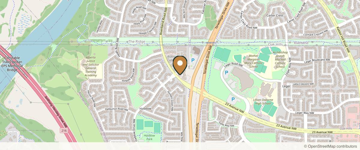 Map showing the exact location of Dermapure Edmonton Riverbend - (Formerly Dr Marcia Hartt Medical Aesthetics) at 103 Haddow Close NW, Edmonton, AB T6R 3W3, Canada