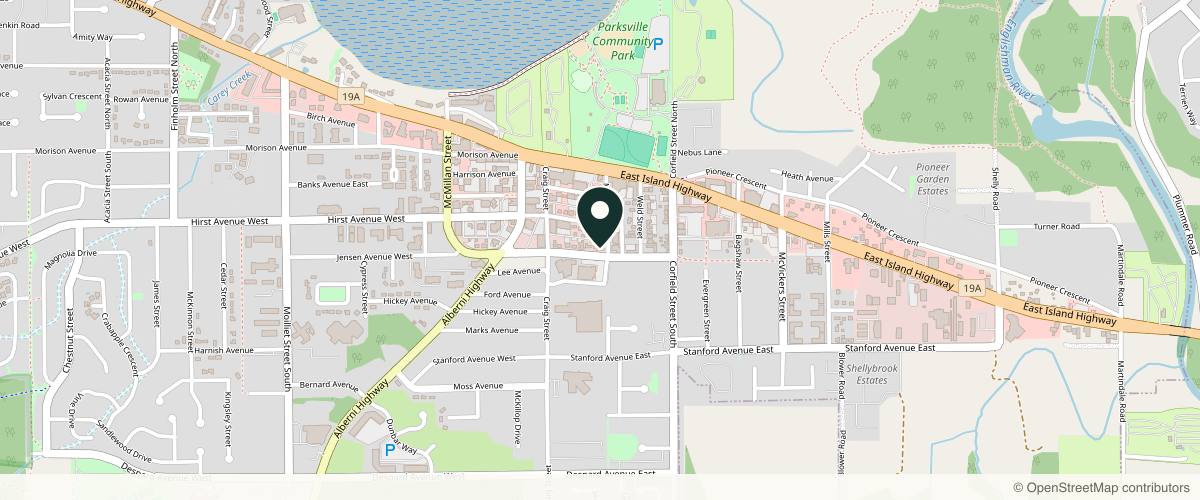 Map showing the exact location of Dermapure Parksville at 155 Jensen Ave E, Parksville, BC V9P 1K3, Canada