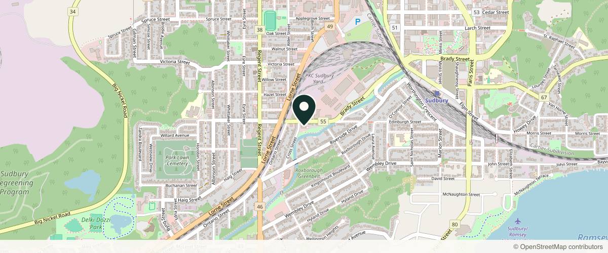 Map showing the exact location of Dermapure Sudbury at 205 Douglas St W, Greater Sudbury, ON P3E 1E9, Canada