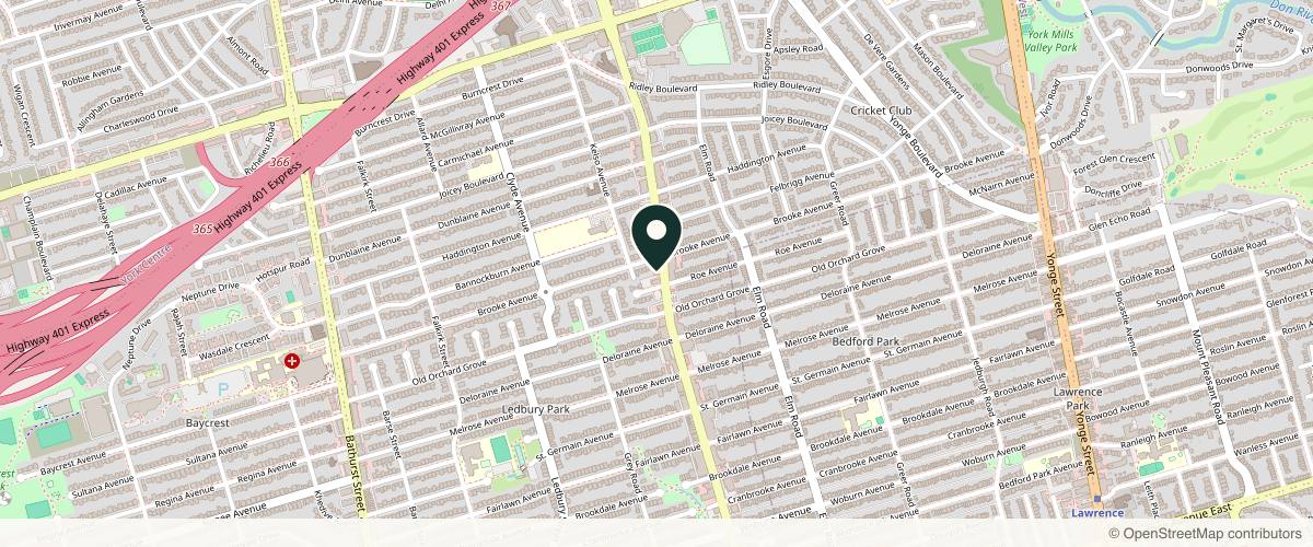 Map showing the exact location of DermAtelier on Avenue at 1896 Avenue Rd, Toronto, ON M5M 3Z8, Canada