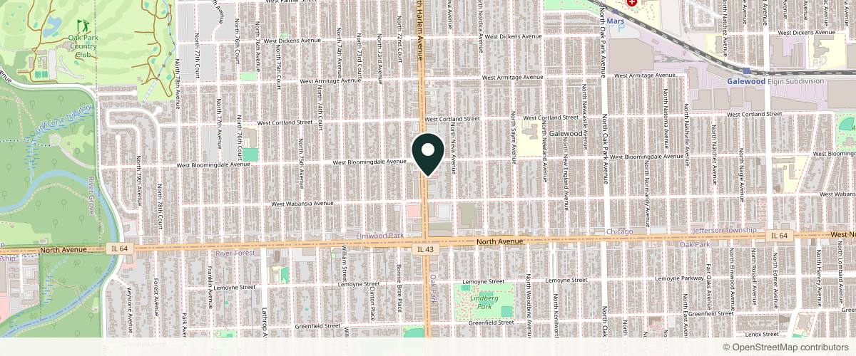 Map showing the exact location of Dermatology + Aesthetics: Chicago - Oak/Elmwood Park at 1733 N Harlem Ave, Chicago, IL 60707