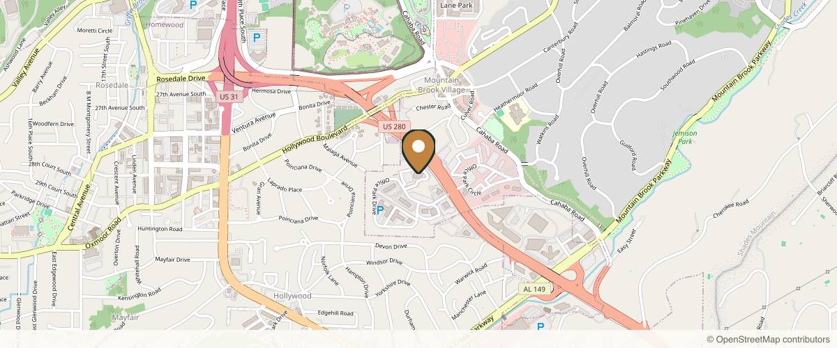 Map showing the exact location of Dermatology & Laser of Alabama at 201 Office Park Dr Ste 350, Birmingham, AL 35223, USA