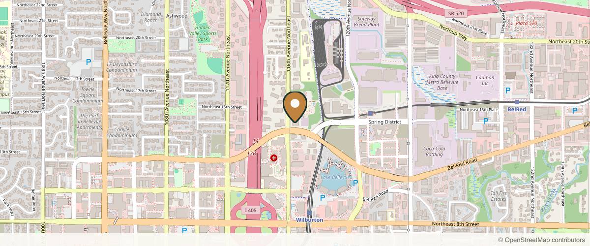 Map showing the exact location of Dermatology Arts at 1414 116th Ave NE E, Bellevue, WA 98004, USA