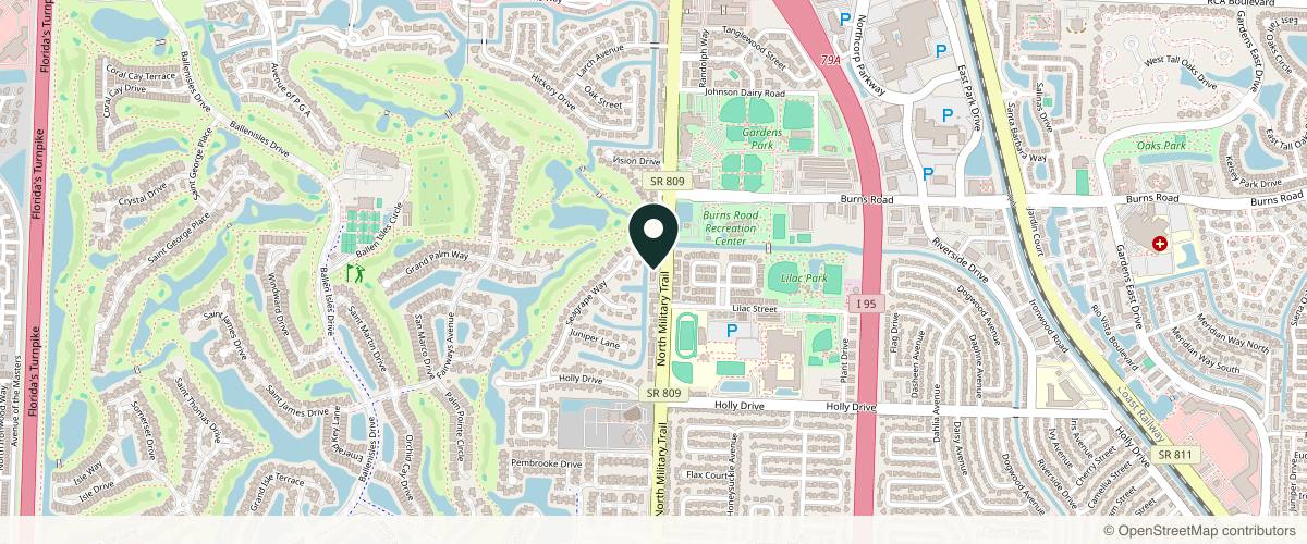 Map showing the exact location of Dermatology Associates of the Palm Beaches at 10335 N Military Trl # A, Palm Beach Gardens, FL 33410