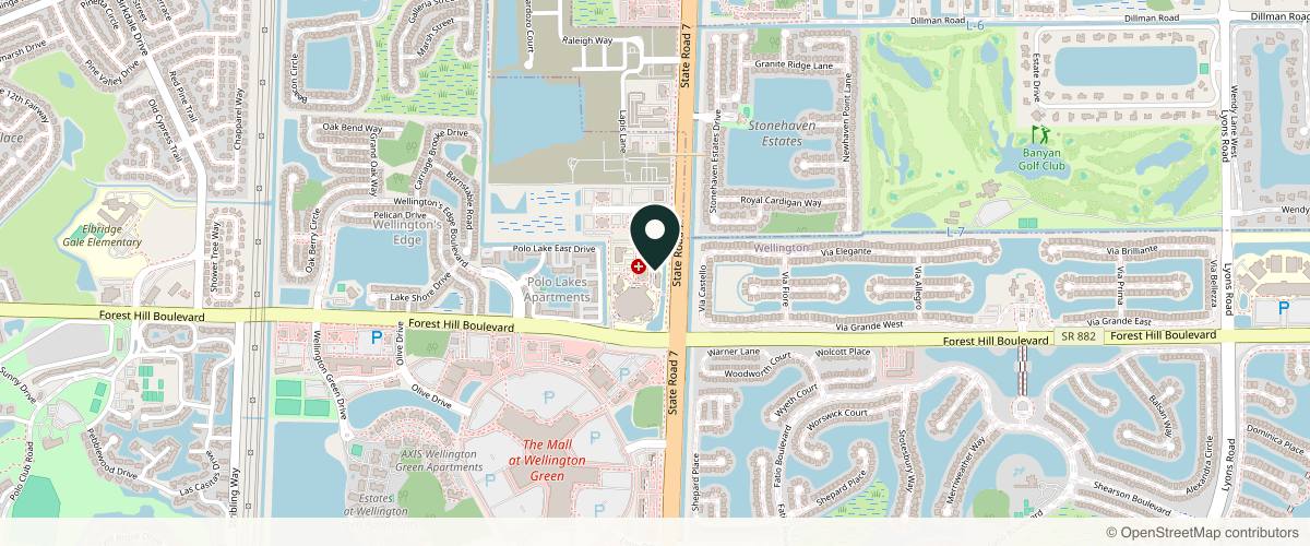 Map showing the exact location of Dermatology Associates of the Palm Beaches at 10111 Forest Hill Blvd 100 Floor 1, Wellington, FL 33414