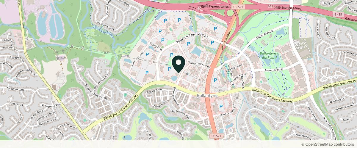 Map showing the exact location of Dermatology Care of Charlotte at 15830 Ballantyne Medical Pl #100, Charlotte, NC 28277