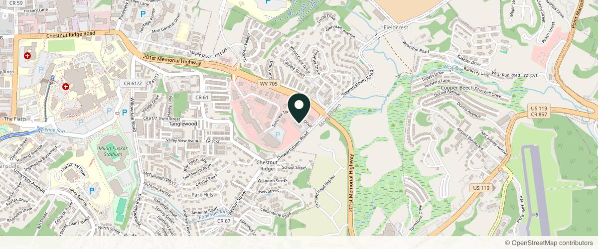 Map showing the exact location of Dermatology Center for Skin Health, PLLC at 600 Suncrest Towne Centre Drive #115, Morgantown, WV 26505, USA