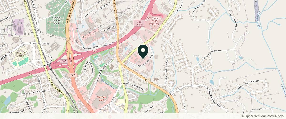 Map showing the exact location of Dermatology Group of the Carolinas - Concord at 335 Penny Ln NE, Concord, NC 28025, USA