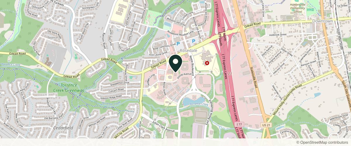 Map showing the exact location of Dermatology Group of the Carolinas - Huntersville at 9735 Kincey Ave Ste 102, Huntersville, NC 28078