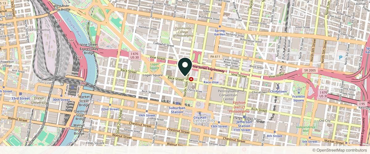 Map showing the exact location of Dermatology of Philadelphia / Mohs Surgery Center, LLC at 200 N 16th St Ste D, Philadelphia, PA 19102