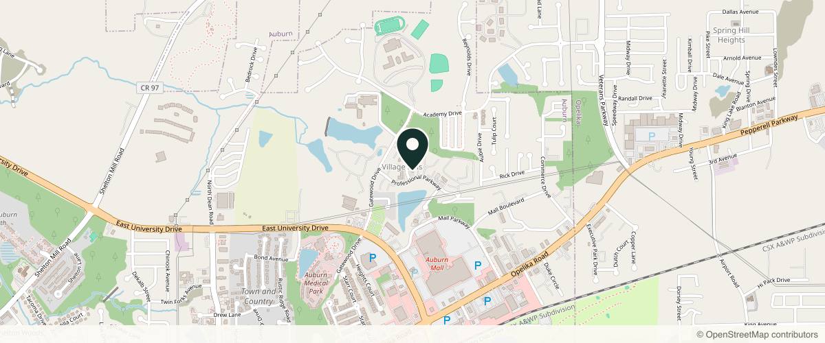 Map showing the exact location of Dermatology Specialists of Alabama at 1543 Professional Pkwy, Auburn, AL 36830, USA