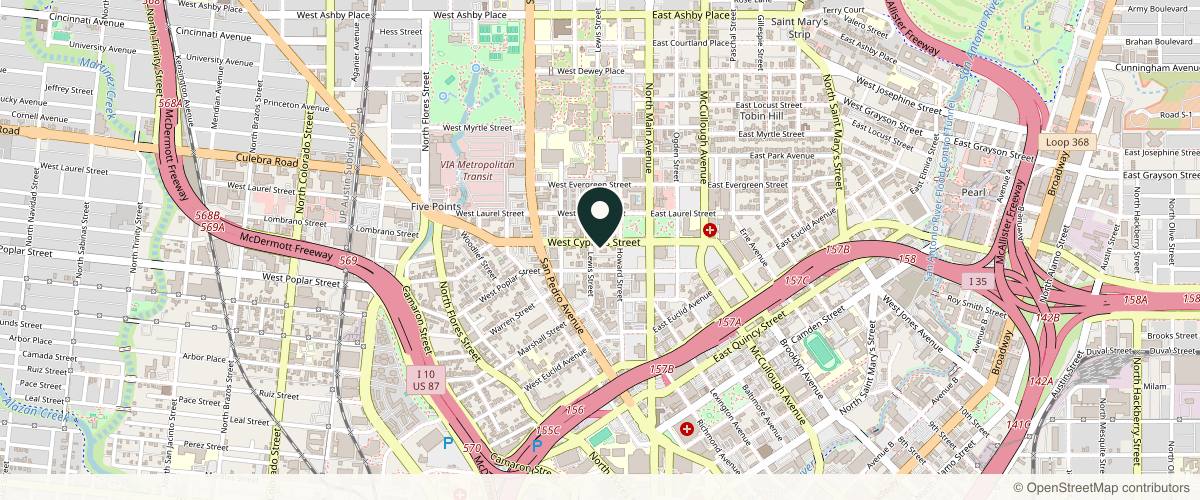 Map showing the exact location of DermaTouch RN at 222 W Cypress St Ste 100, San Antonio, TX 78212, USA