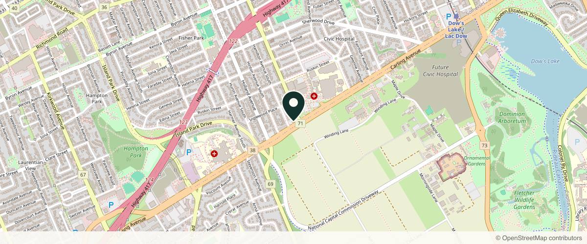 Map showing the exact location of Dermaworks Medical Aesthetics Clinic at 1081 Carling Ave, Ottawa, ON K1Y 4G2, Canada