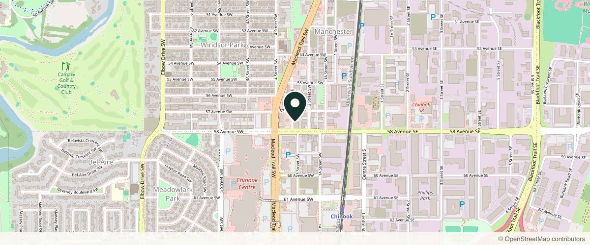 Map showing the exact location of Dermnurse Medical Aesthetics at 358 58 Ave SW Ste 110, Calgary, AB T2H 2M5, Canada