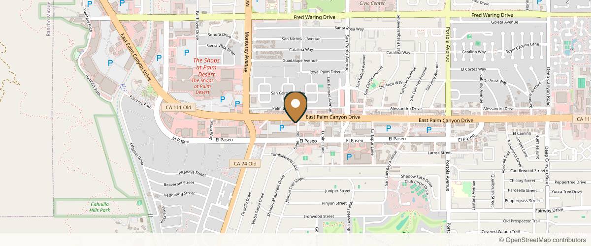Map showing the exact location of Desert Glow Medical Aesthetics and Wellness at 73241 CA-111 Ste 5A, Palm Desert, CA 92260, USA
