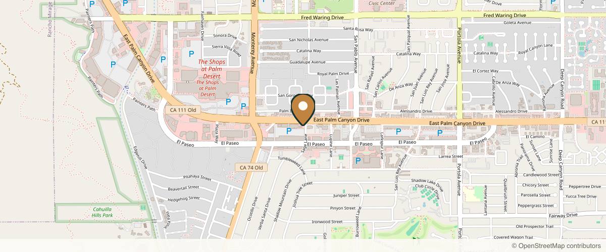 Map showing the exact location of Desert Glow Medical Aesthetics and Wellness at 73241 CA-111 Ste 5A, Palm Desert, CA 92260, USA