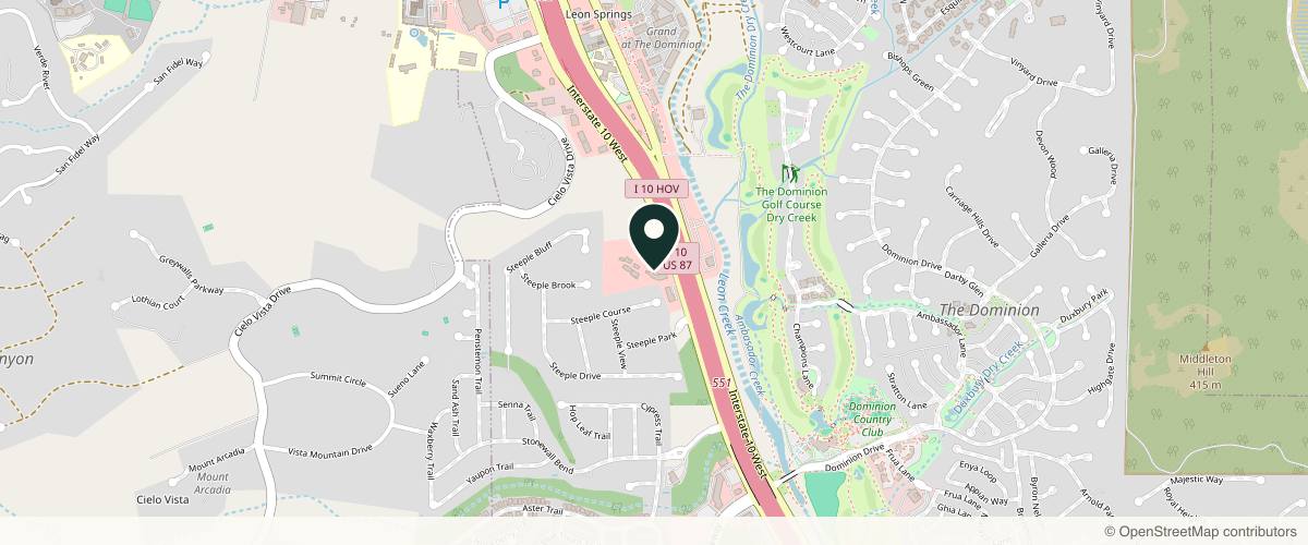 Map showing the exact location of Dominion Medspa & Salon at 23103 I-10W #111, San Antonio, TX 78257, USA