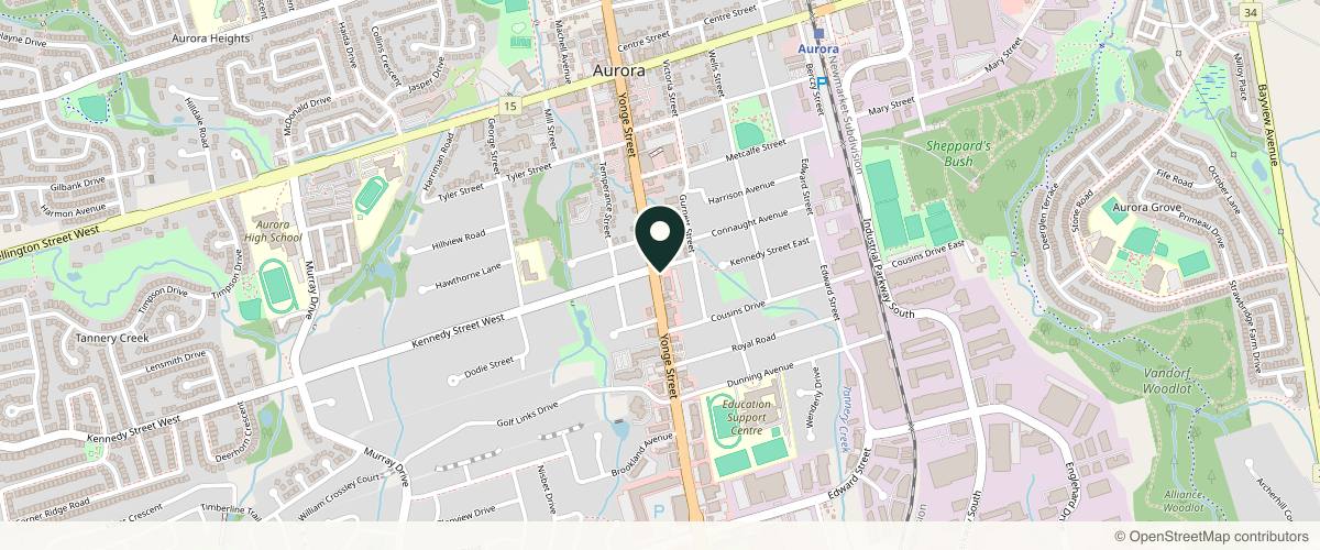 Map showing the exact location of Dr Amber Bocknek at Thrive! MedAesthetics + Wellness at 15017 Yonge St Ste 105, Aurora, ON L4G 1M5, Canada