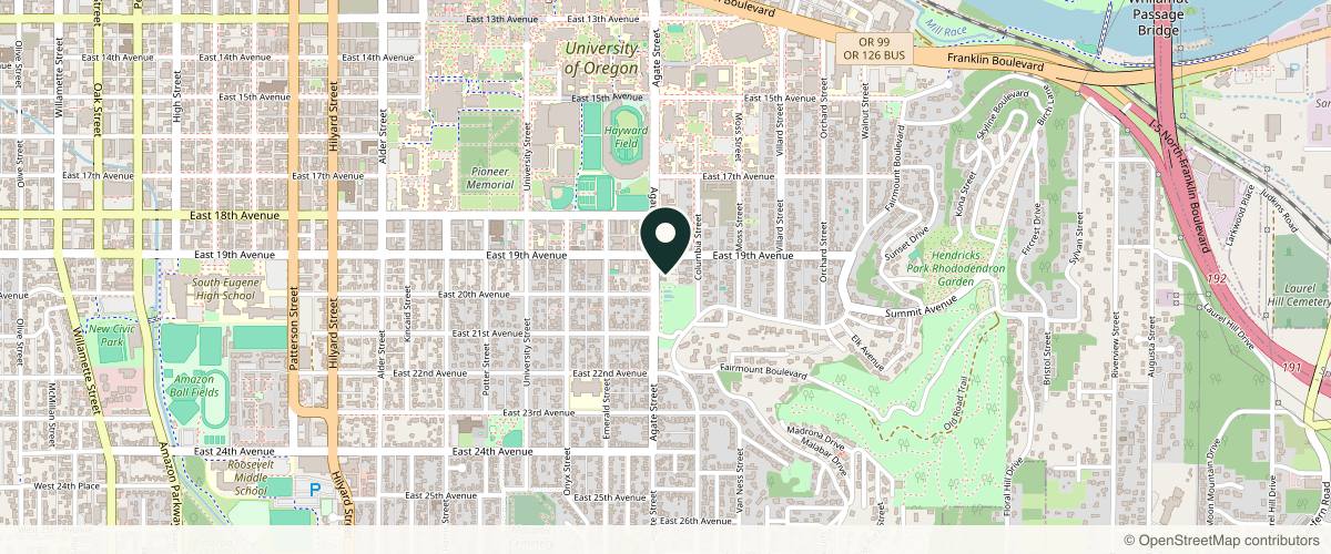 Map showing the exact location of Dr Elizabeth McCorkle at 1961 Agate St, Eugene, OR 97403, USA